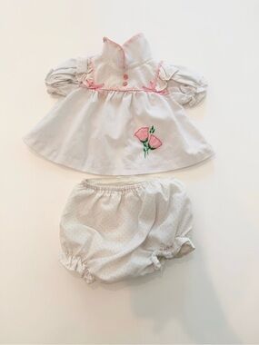 Vintage 80s Baby Girls White and Pink Floral Two-Piece Outfit 3-6m